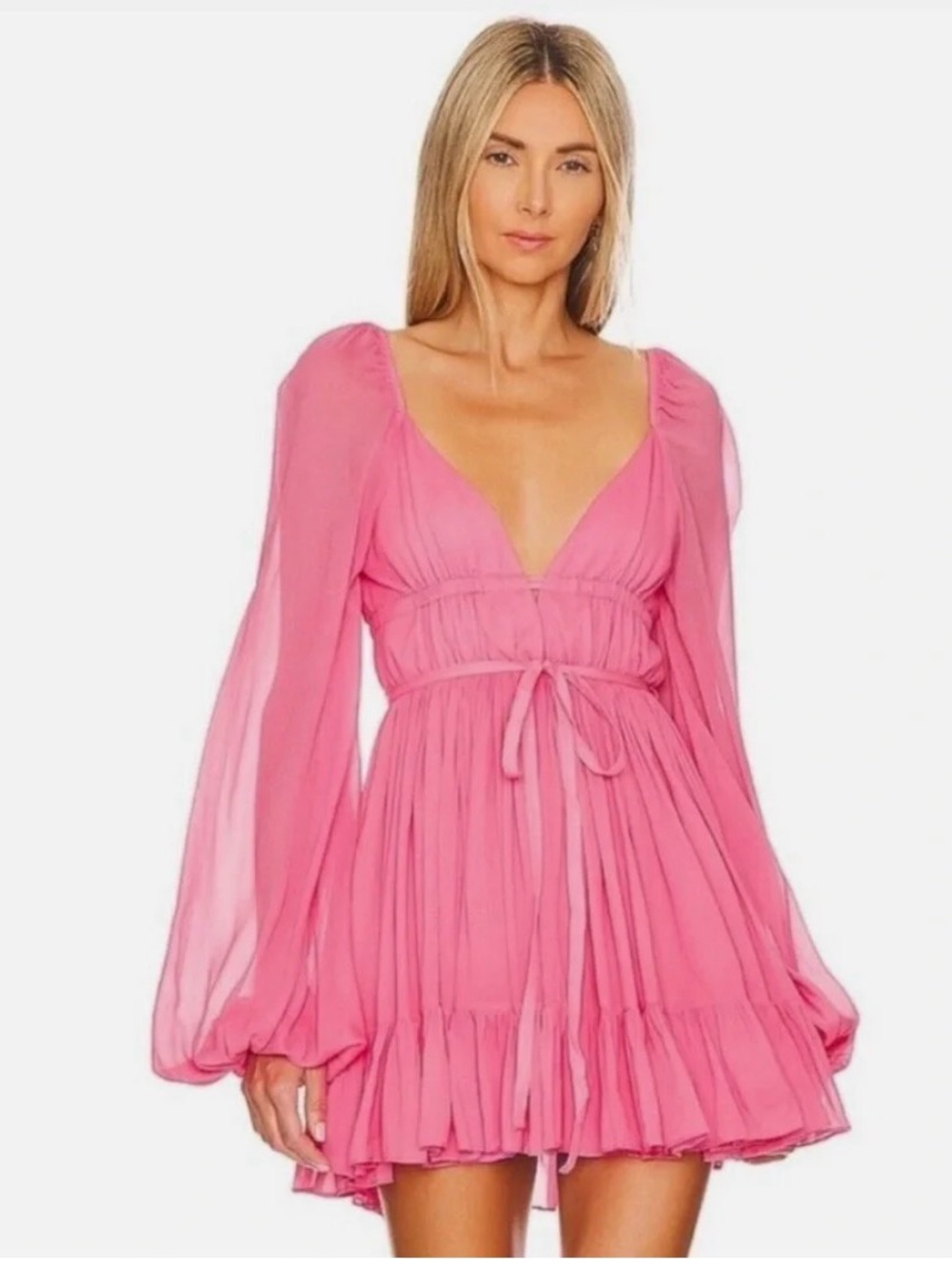 Romantic Pink V-Neck Mini Dress with Tie Waist
